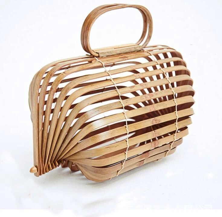 

Women Handbag Bamboo Bag Female Genuine Totes Straw Woven Foldable Bucket Hollow Beach Bags Ladies Purse Summer, 1 colors