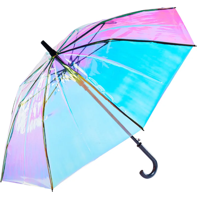 

P263 Plastic PVC Holographic Umbrella Fashion Rain Sunshade Long Handle Transparent Umbrellas, Multi