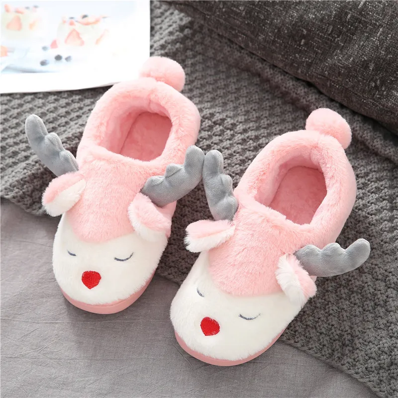 

Children Indoor Non Slip Cartoon Thick Bottom Cute Keep Warm Elk Plush Cotton Pink Slippers, As shown