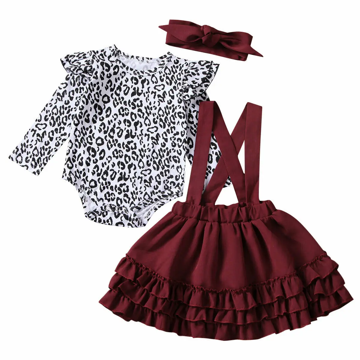 

Autumn Toddler Kids Baby Clothing Set Leopard Print Romper Girl Bodysuit+suspender Skirts+headband Set 2pc Outfits, As picture