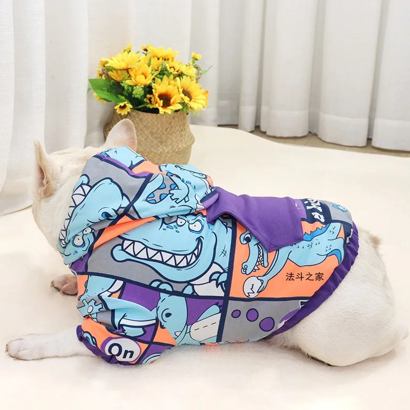 

Hot sale winter plush pet sweater small dinosaur print warm dog clothes hoodie, As shown in details