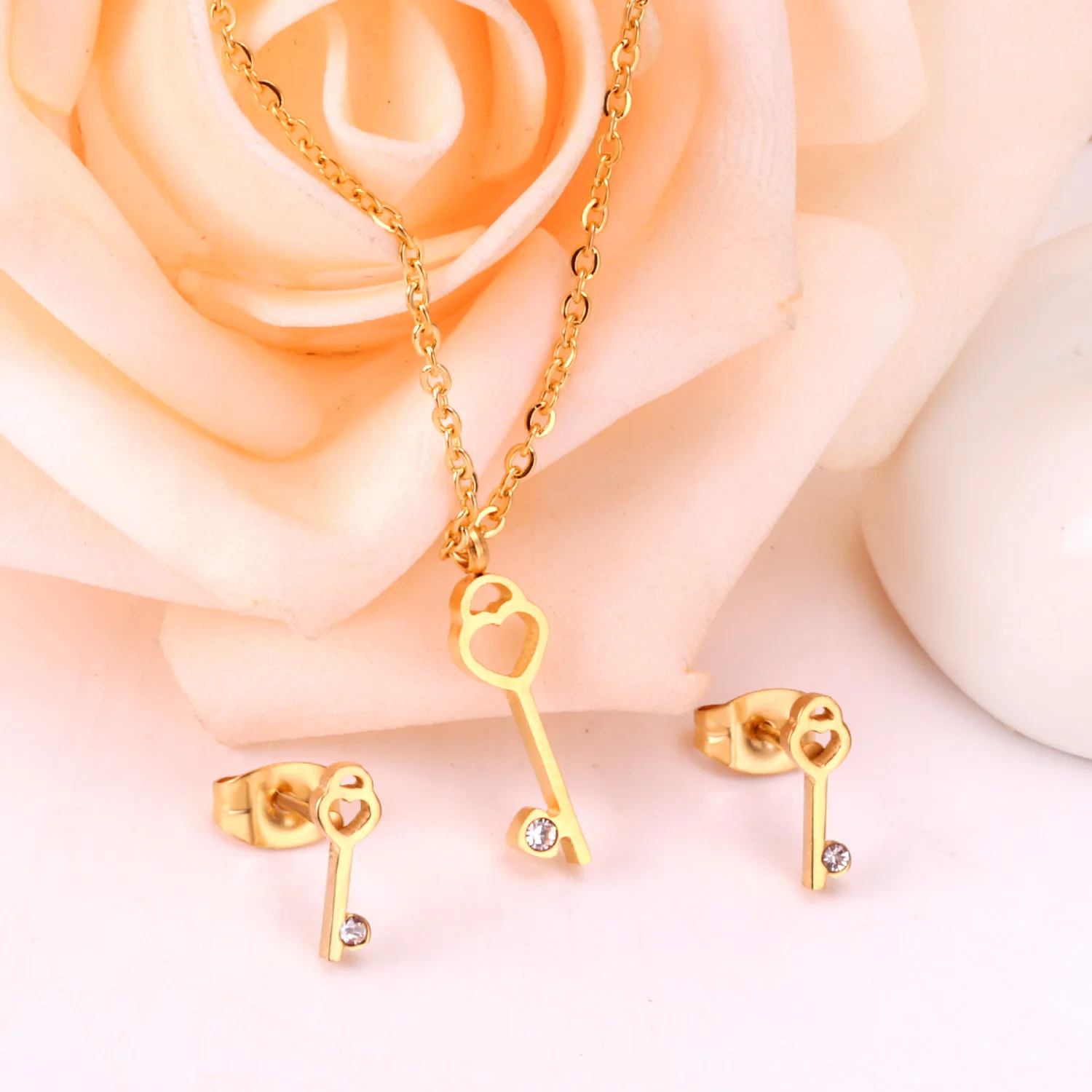 

Fashion Jewelry Set 18K Gold Key Jewelry Type Cubic Zircon Earring Necklace Set, Gold / silver available