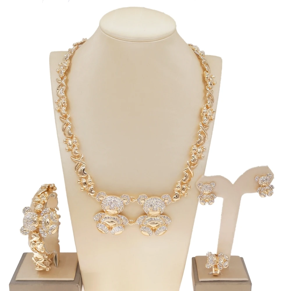 

Yulaili Big Teddy Bear I Love You Xoxo Jewelry Set Hug and Kiss Wedding Jewellery Set Women's 18K Gold Plated Jewelry Sets X0155