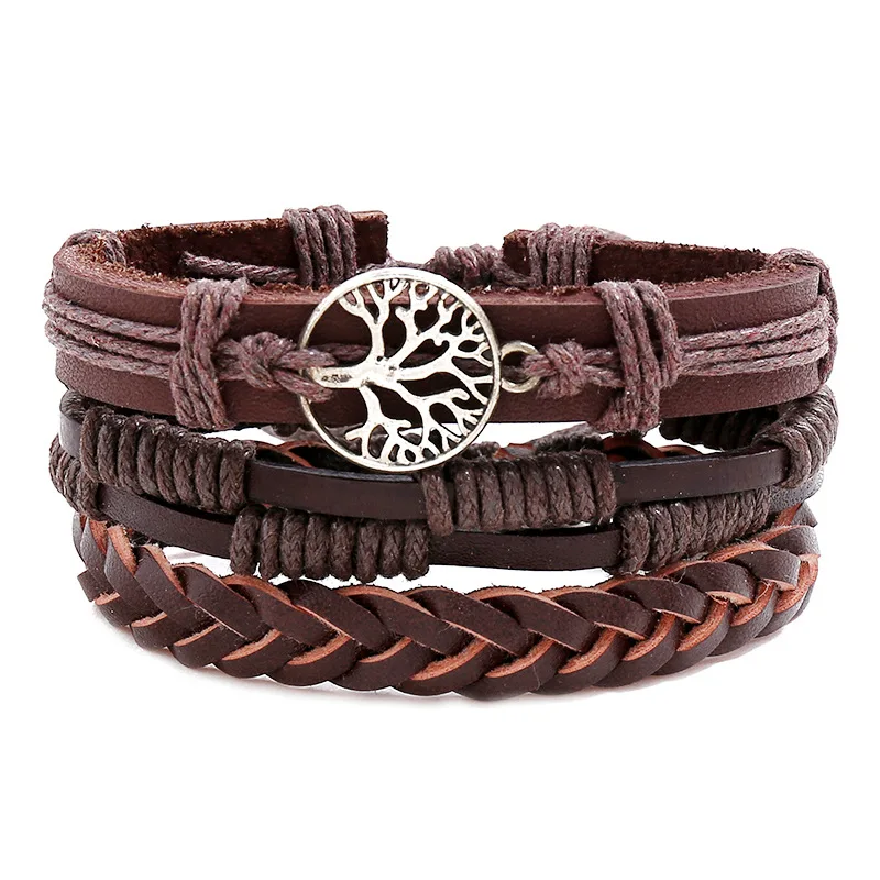 

Dropshipping 4Pcs/ Set Braided Wrap Leather Bracelets for Men Vintage Life Tree Rudder Charm Wood Beads Ethnic Tribal Wristbands