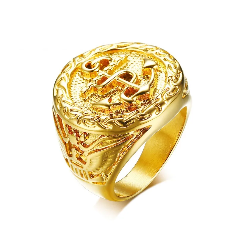 Punk Anchor Signet Stainless Steel Gold Ring For Men Luxury Vintage Ring Male Finger Jewelry Accessories Wedding Ring