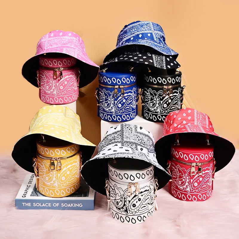 

ladies luxury wallet fashion bandana purse Women messenger shoulder bag and Paisley bucket hat set for wholesale, 6 colors