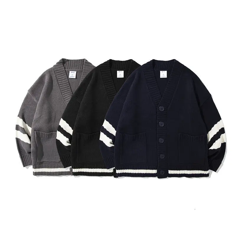 

2021 Winter V-Neck Casual Single Plain Loose Button Men Fashion Knit Thick Cardigan Sweater, 2 colors