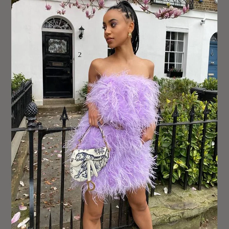 

2022 Solid Color Fur Strapless Summer Women Sexy Sustainable Ostrich Feather Camisole Boob Sun-Top And Skirt Set