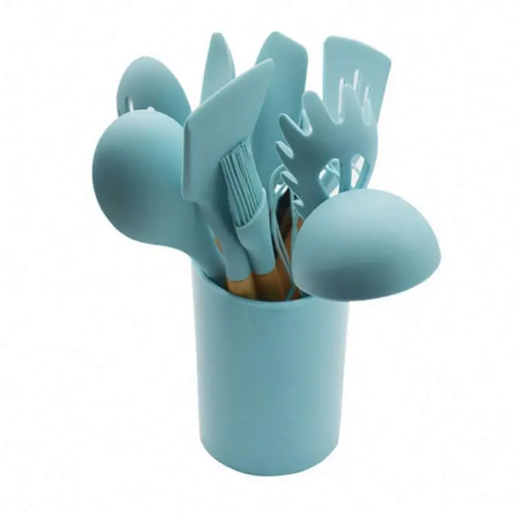 

New Design Amazon Hot Selling Eco-friendly Kitchen Accessories Food Grade Wooden Handle 12pcs Set Silicone Cookware Tools Set