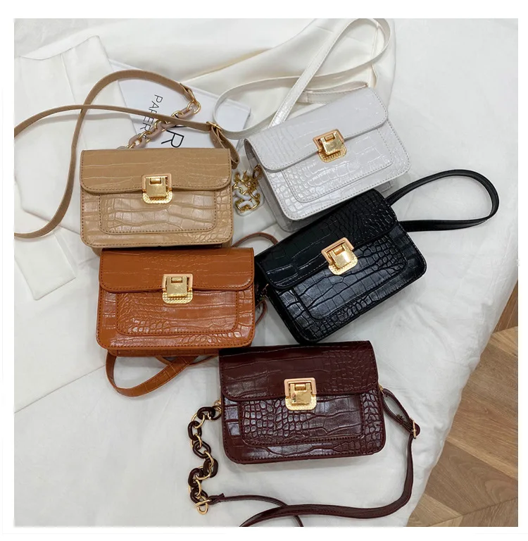 

L322 trendy elegance mini women crossbody handbag ladies crocodile print chain small square bag with buckle, White, khaki, black, brown, coffee