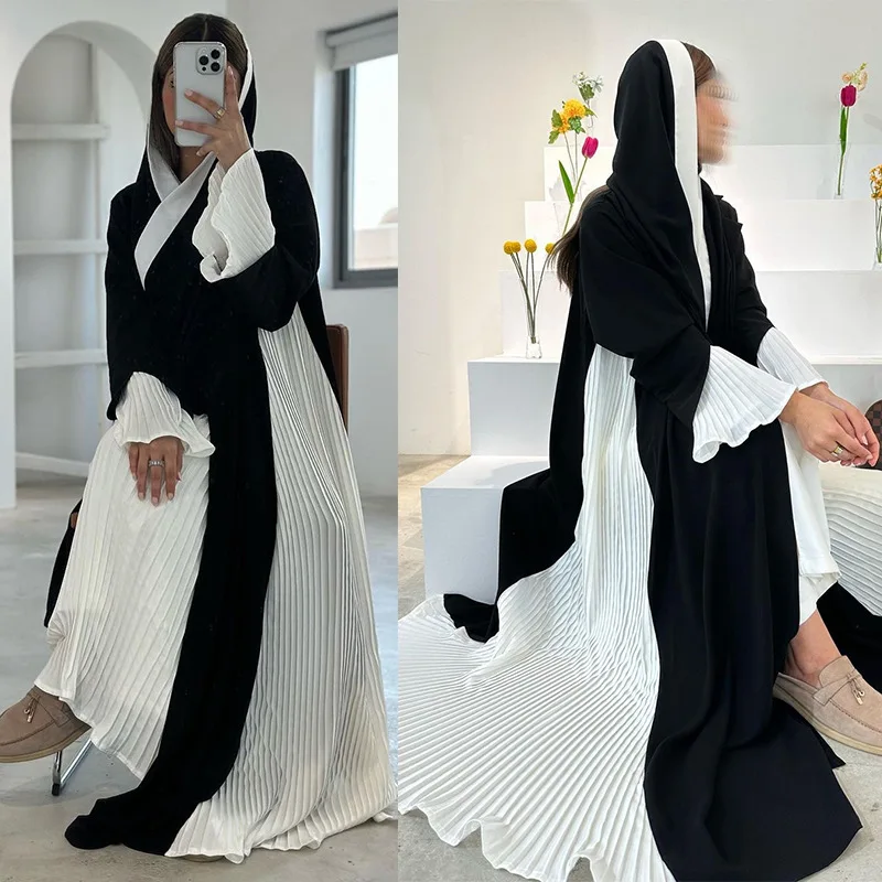 Traditional White Patchwork Pleated Abaya Cardigan