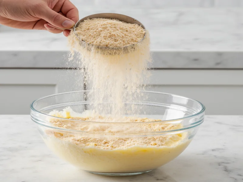 Sifting dry ingredients for pancake mix in glass bowl