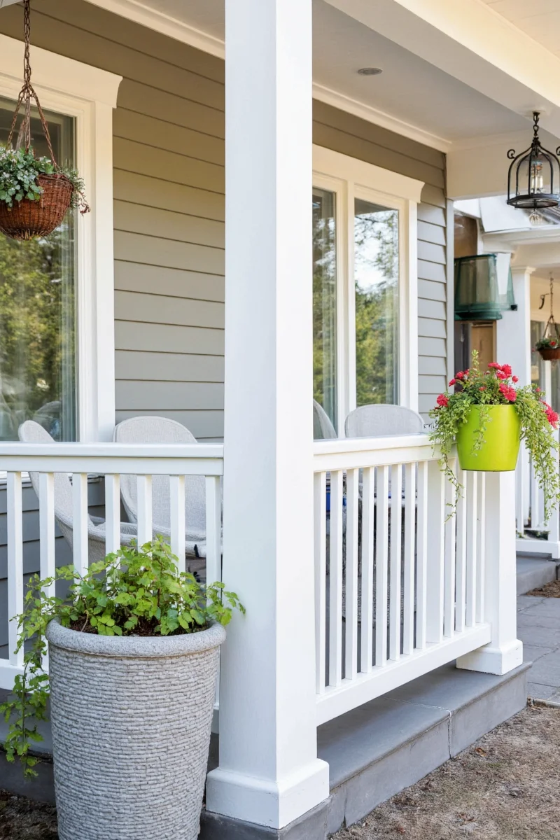Freshly painted wooden porch railing in soft gray