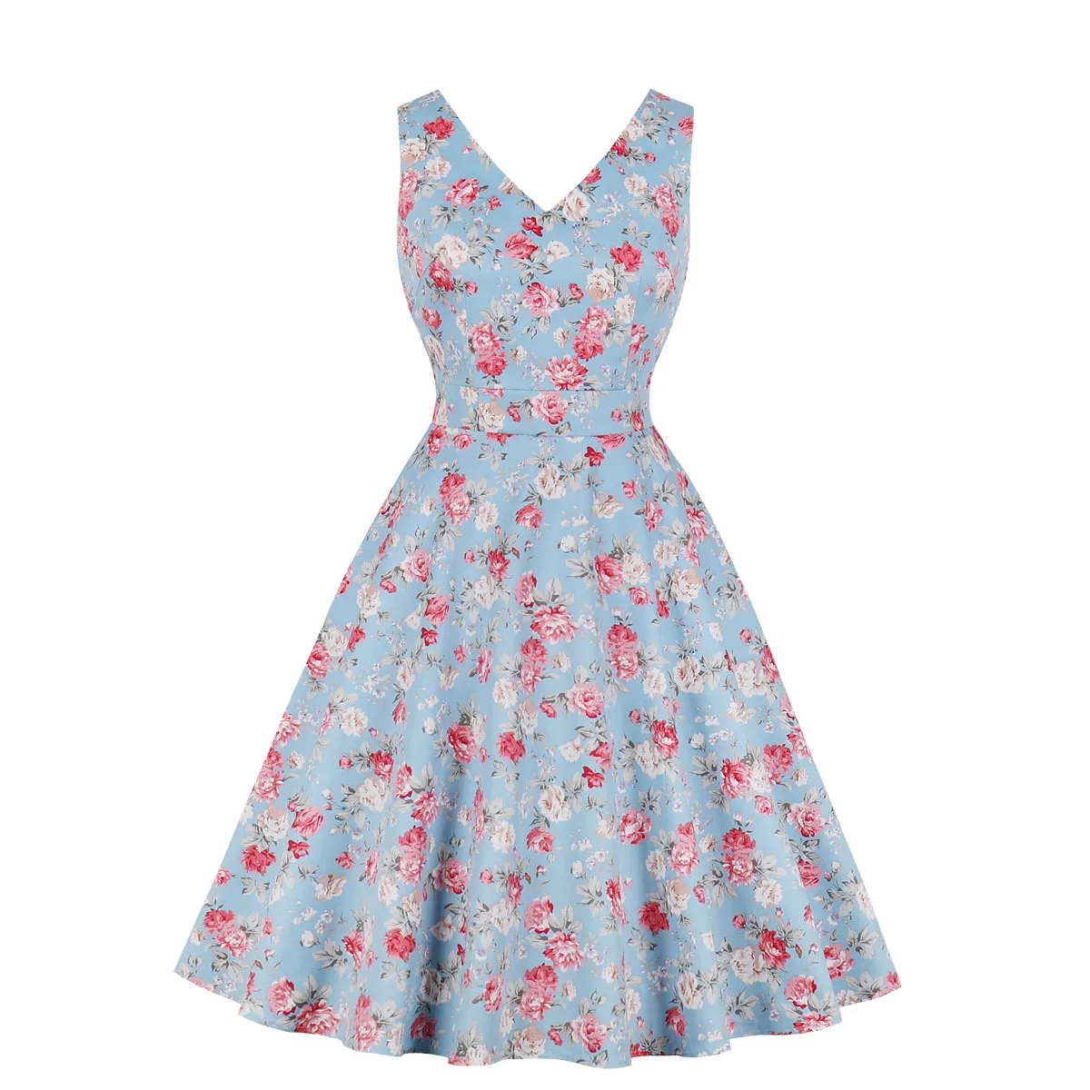 

Ladies Vintage Sky Blue V-neck Sleeveless Dress Retro Robe Floral Printed Summer Casual Dresses