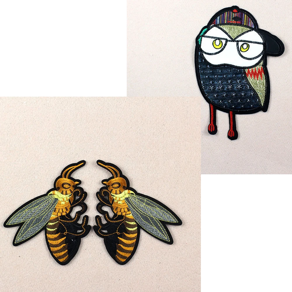 

High quality embroidery bee owl combination patching clothing accessories cloth pasted down clothing factory direct sales