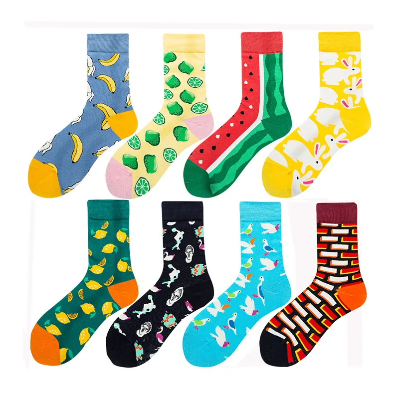 

Fashion custom logo Cotton crazy socks funny colorful fruit food happy socks men crew socks women, 8 colors/custom