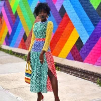 

Contrast Color Printed Split Hem Long Maxi Dress 2019 Autumn Women