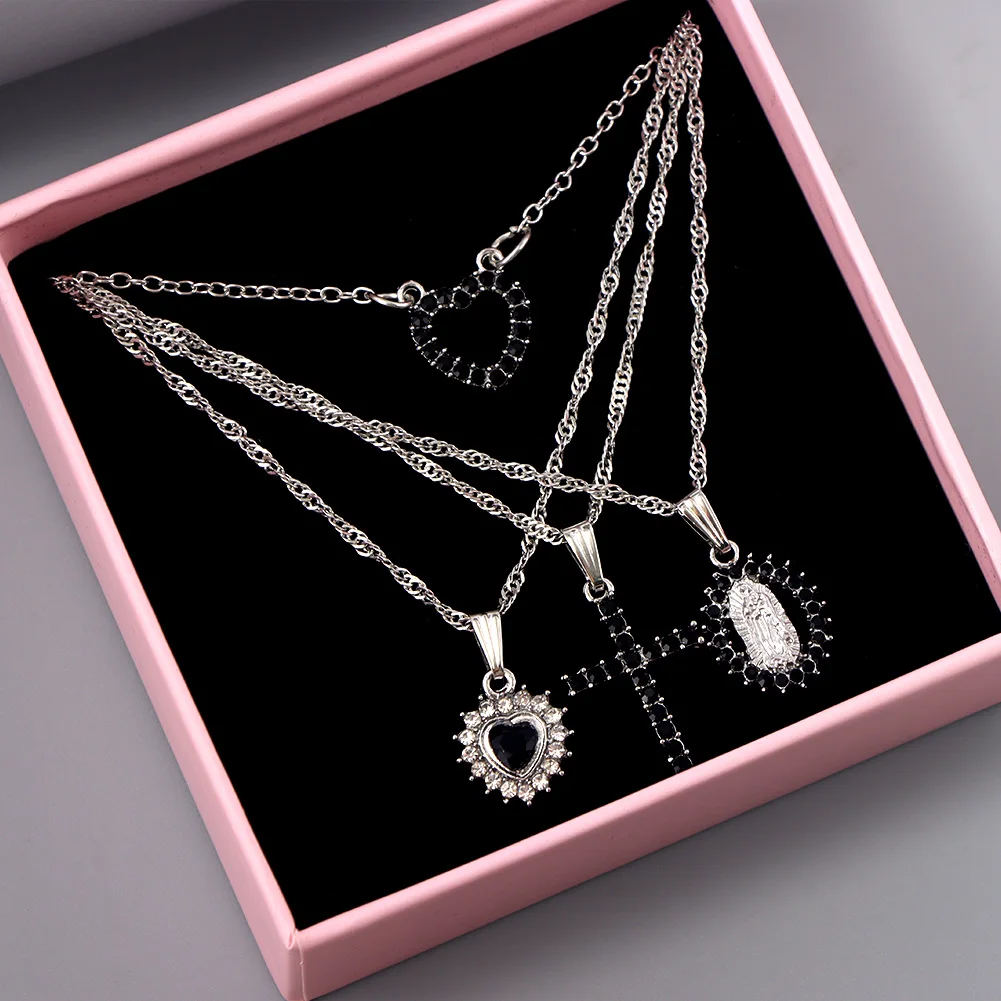 

2021 Multi Layer Twisted Chain Vintage Black Crystal Heart Virgin Cross Pendant Necklace For Women Metal Geometric Charm Jewelry, Silver color