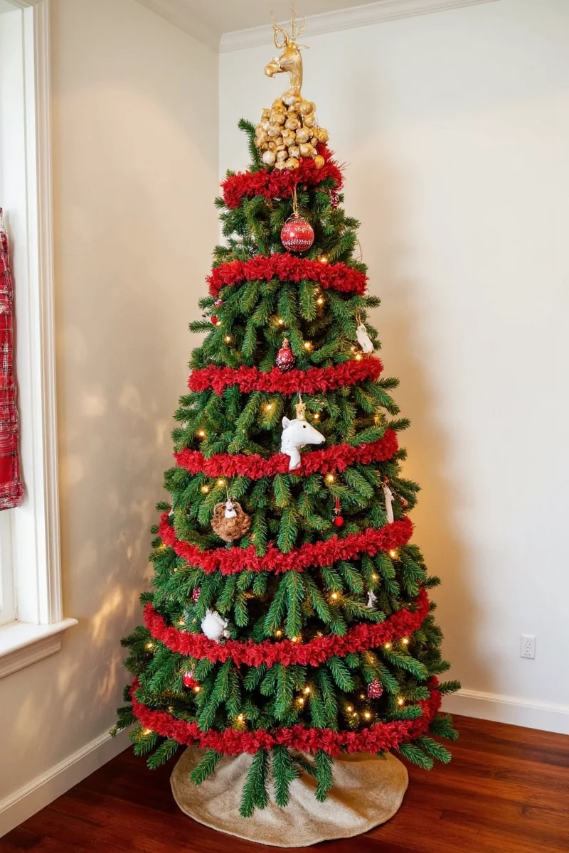 String lights shaped like deer, foxes, and bears wrapped around a small artificial Christmas tree placed on a coffee table.