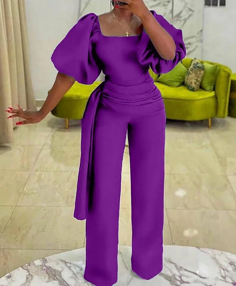 

New arrivals 2021 puff sleeve jumpsuits women solid color wide leg pants casual slim fit office wear, 3 colors as picture