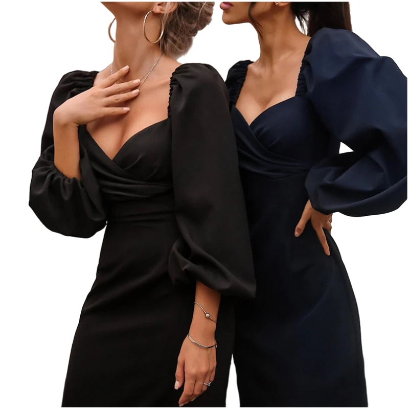 

Elegant Temperament Tuxedo Waist dress Sexy low cut bubble sleeves Slim fit dress, Picture color