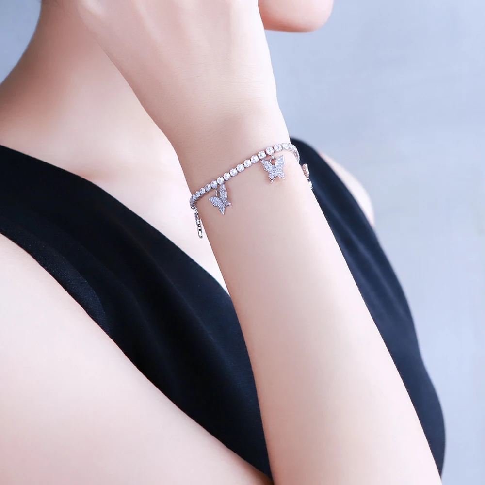 

2020 Silver Pink Gold Plated Alloy Butterfly Tennis Bracelet CZ Diamond Jewelry Women Charm Butterfly Bracelet, Silver,gold,pink