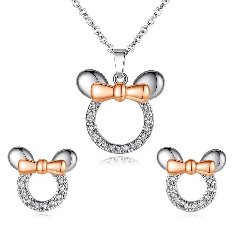 

Cute Cartoon Jewelry Set Zircon Mickey Minnie Bow Necklace Earrings Set