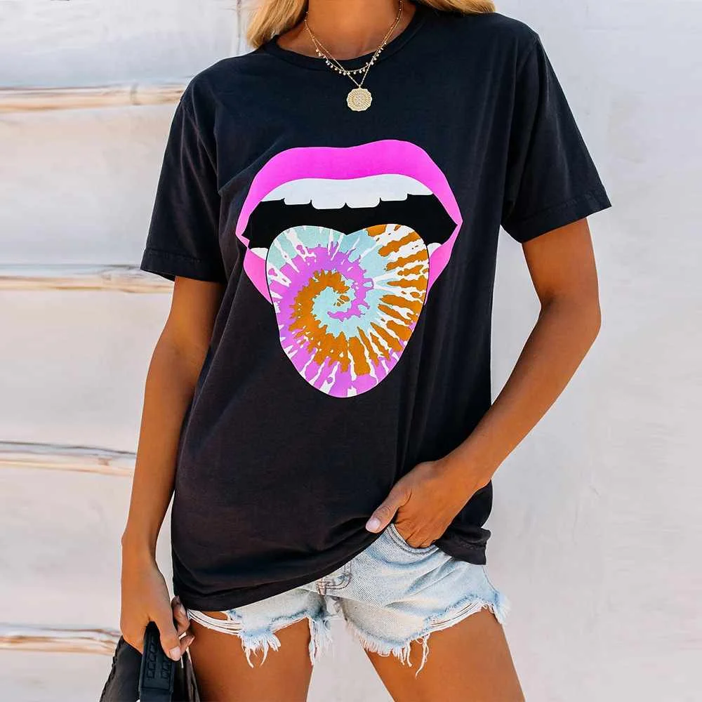 

European And American Hot Style Women's Top Tie-dye Lip Print Round Neck Short-sleeved T-shirt, Picture color