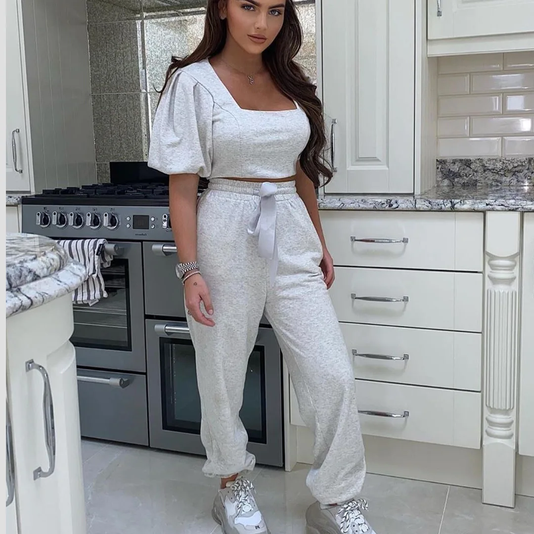 

2020 New fashion women fashion Square Collar top and pants CASUAL two piece set women ladies clothing