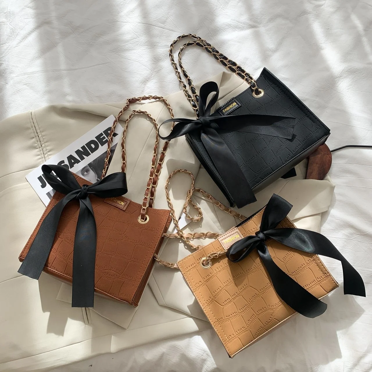 

New fashion brand women handbag shoulder bag silk ribbon Chain PU Leather Purses and Handbags For women, Customized color