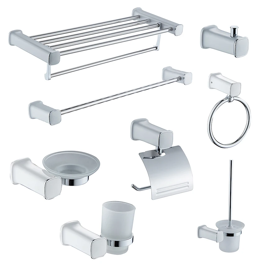 

Hot Sale Commercial 8pcs Set White Plastic Chrome Stainless Steel Wall Mounted Luxury Bathroom Accessories for Hotel