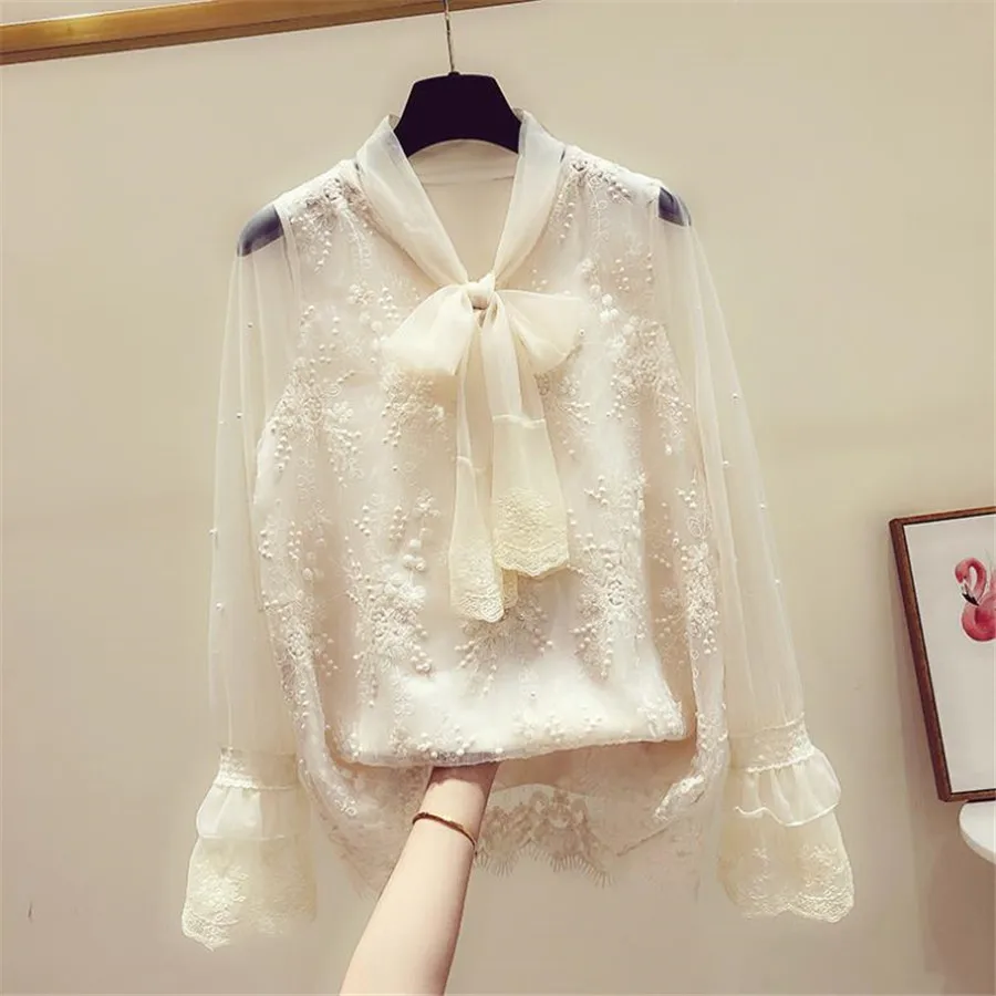 

Autumn Lace White Shirt Women Tops And Blouses Long Sleeve Lace Blouse, Apricot, white