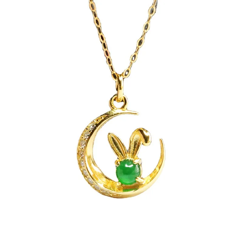 

S925 Silver Inlay Natural Emerald Rabbit Pendant Ice-Like Emperor Green Necklace Factory Wholesale FC3032001