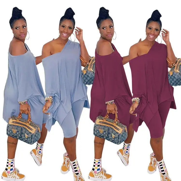 

Solid Color High Waist Biker Shirt Set Custom Logo Loose V Neck Split Shirt Tights Biker Shorts Sets Women Cotton Shorts Sets