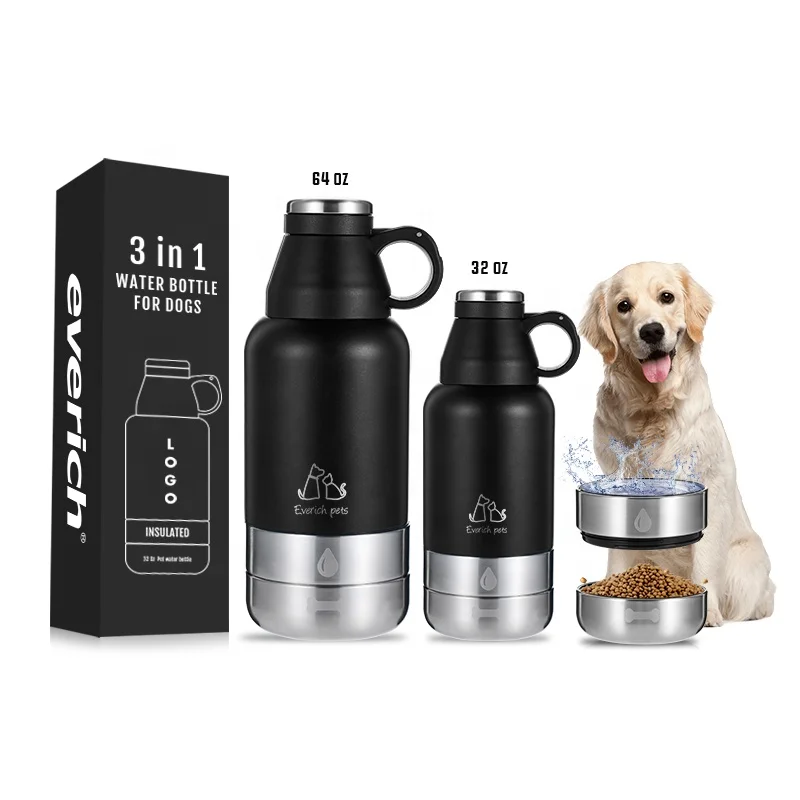 

3 in 1 Double Wall Stainless Steel Vacuum pet dog cat water bottle 32oz with two feeder bowls travel outdoor