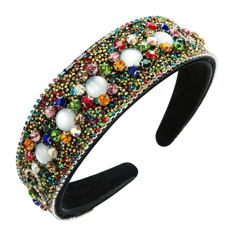 

New Design Colorful Rhinestone Pearl Hair Accessories Baroque Party Catwalk Headbands for Women Wide Fabric Hairbands Headdress, Picture shows