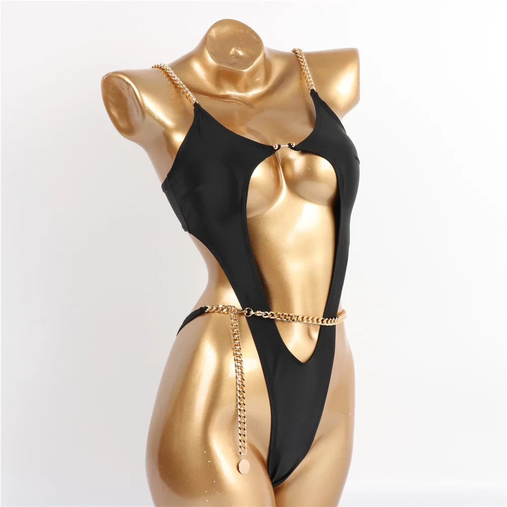 

Beachwear Sexy One Piece Chain Bikini Solid Women Swimwear For 18 Teen