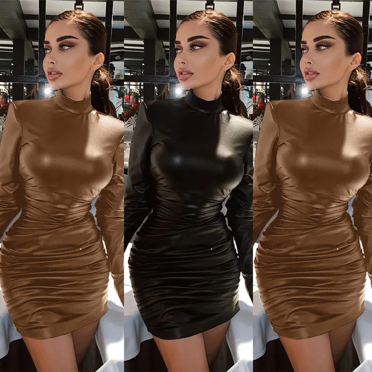 

D95744 Wholesale womens clothes fashion long sleeves solid casual dresses midi waist sexy slim ruffled leather skirts