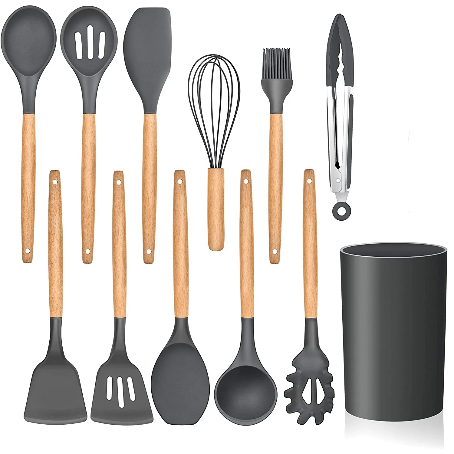 

Grey Silicone Cooking Utensils Kitchen Utensil Set Tools with Wood Handles