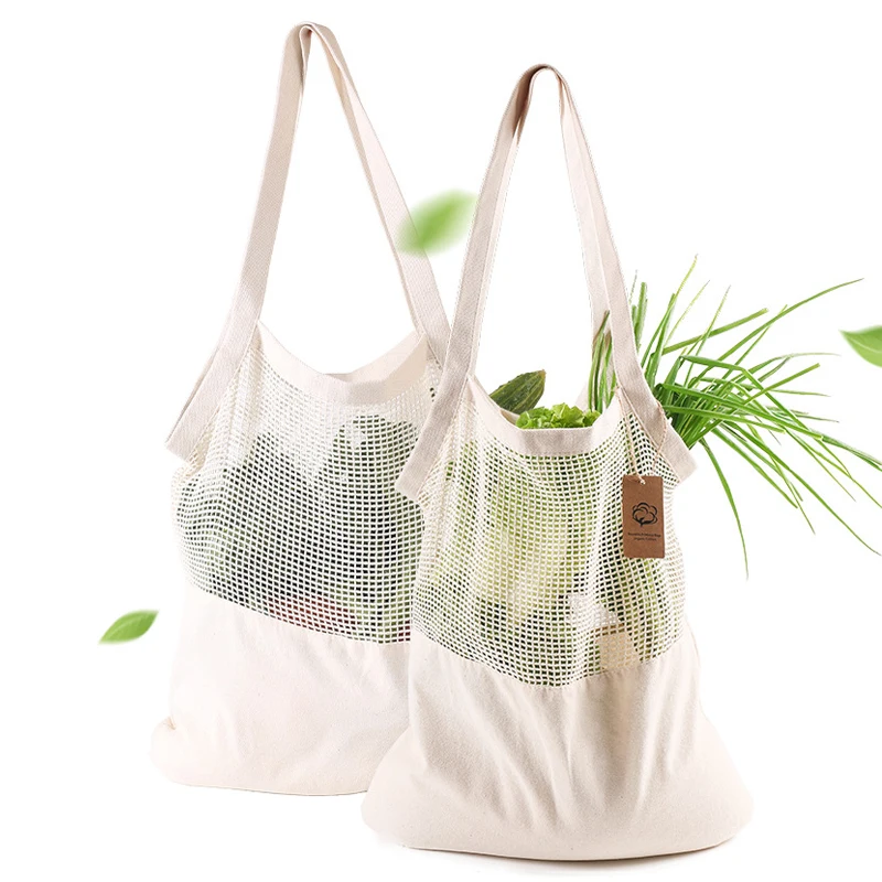

eco friendly reusable washable cotton mesh tote shopping bag lightweight see through cotton mesh bag with handle, Natural color