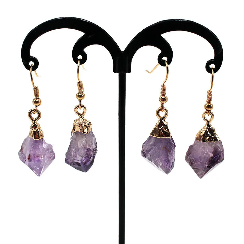 

Wholesale Gold Plated Natural Amethyst Crystal Druzy Stone Drop Earrings Women Gift Fashion Dangle Drop Jewelry Gemstone Earring, Gold/silver