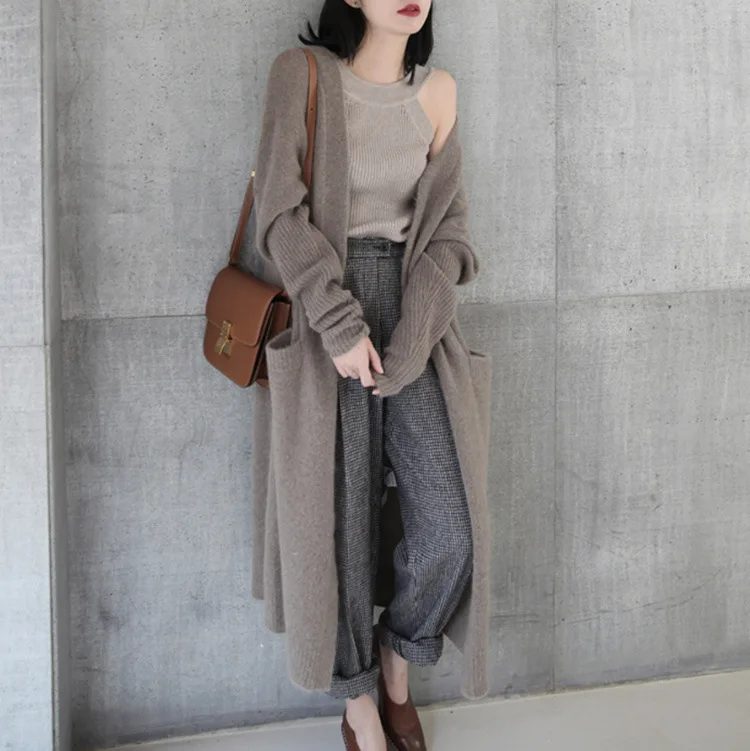 

New Style Ladies Mid-length Coat European and American Fashion Knitted Cardigan Ladies V-neck Sweater