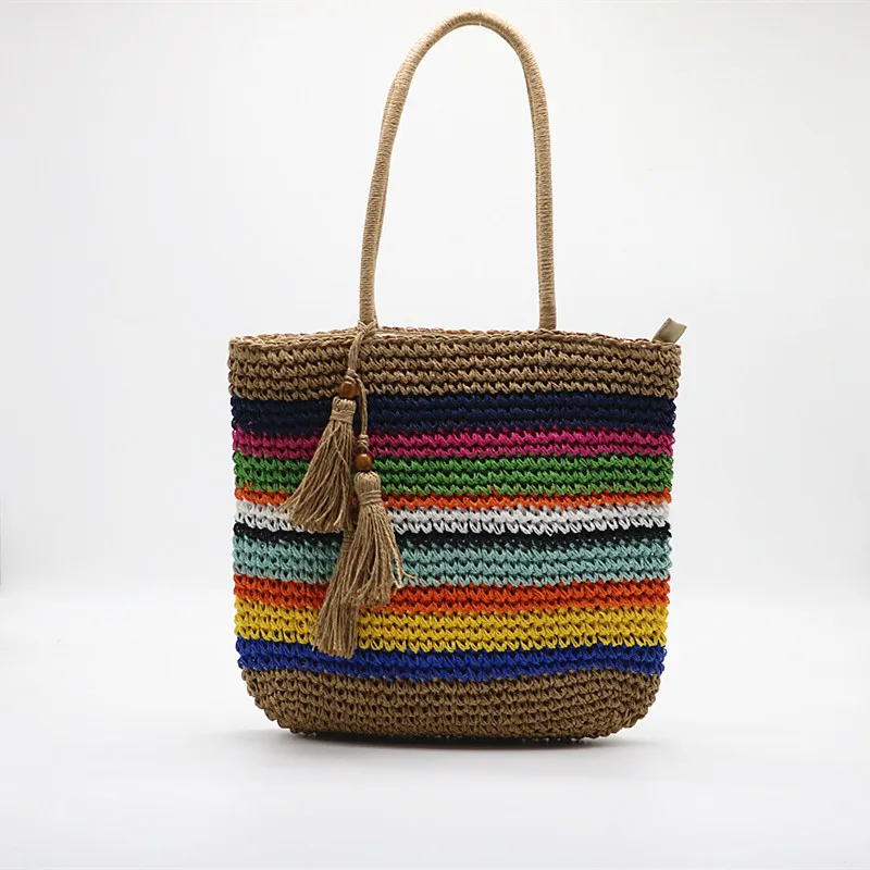 

Ethnic style hand-woven beach bag hand make colourful Summer vacation beach bag with tassels, Picture