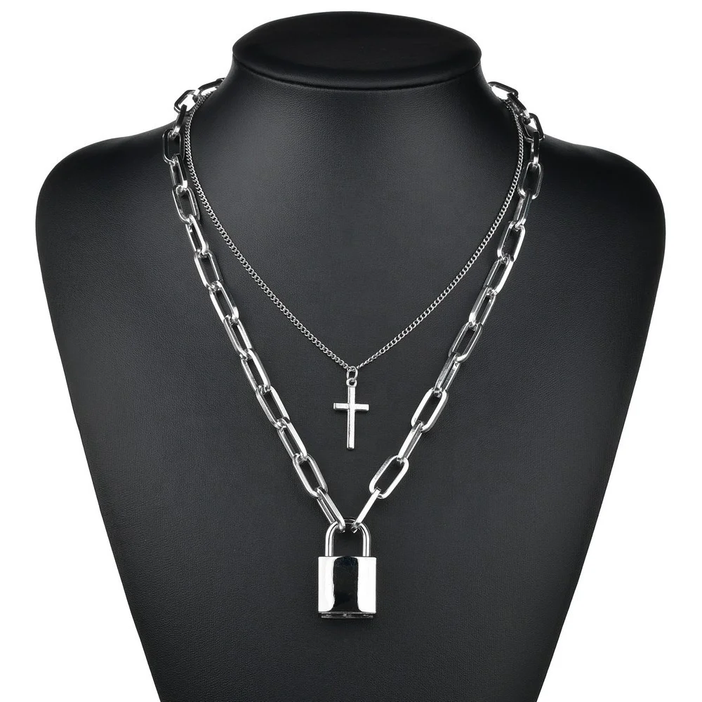 

Hip-hop Multi-Layer punk cross chain necklace square lock necklace women men metal padlock chains hip hop cool jewelry gifts