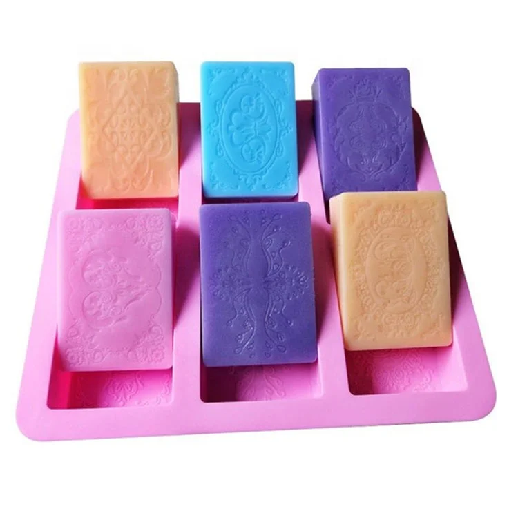 

Factory custom logo soap molds handmade flower debossed 6 cavity soap molds silicone rectangle, Random