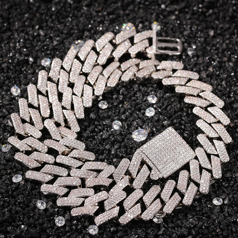 

18mm High Value Three-Row Zircon Cuban Chain Link Necklace Bracelet Hip Hop Iced Out