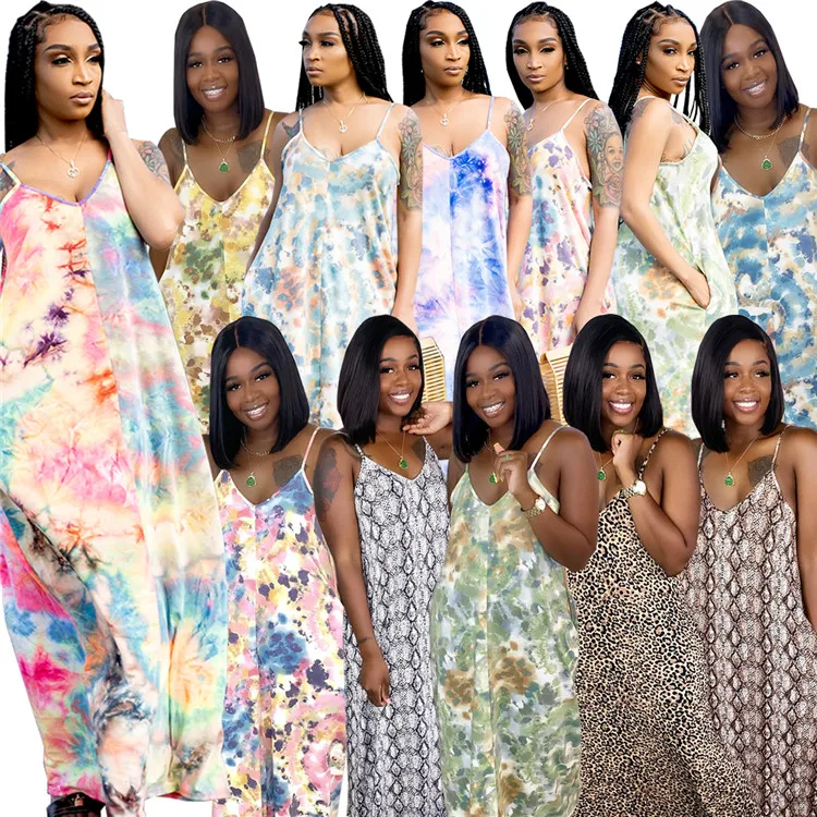 

Fashion Casual Ladies Slip Dress Printed Loose Tie Dye Summer Women Maxi Dresses