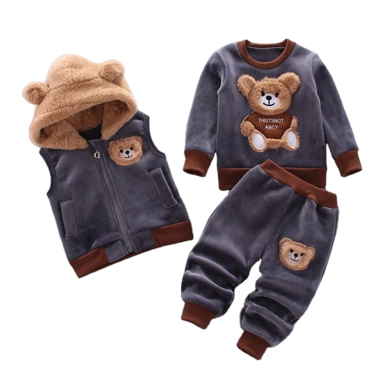 

Hottest cotton warm suit Bear vest 3 piece thick winter clothing sweater hooded baby boy girl clothing set, Pic show