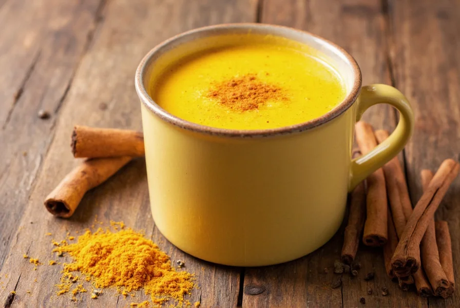 Golden turmeric spice latte in ceramic mug with turmeric root, black pepper, and cinnamon sticks arranged beside it