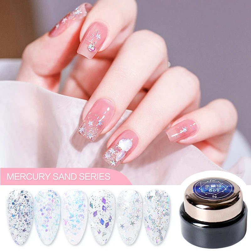 

5g Nail Tips Super Flash Jewellery Jelly Mercury Magic Star Moon Sequins Fairy Color Poly Gel Nail Polish Glue, 6 colors